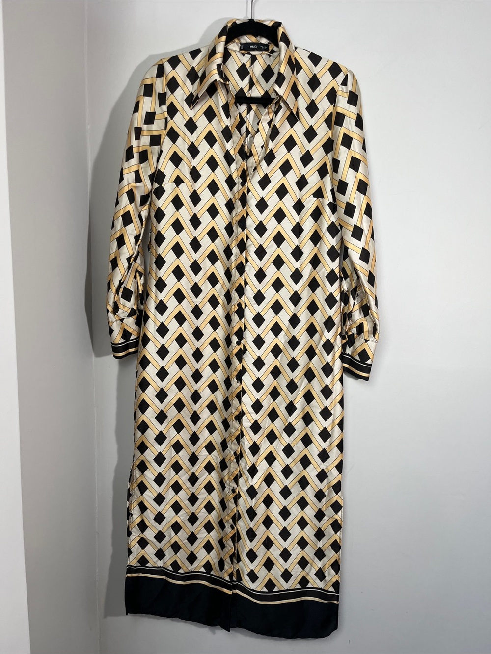 Mango Silky Geometric Print Long Shirt Dress - Black, Gold, & Cream